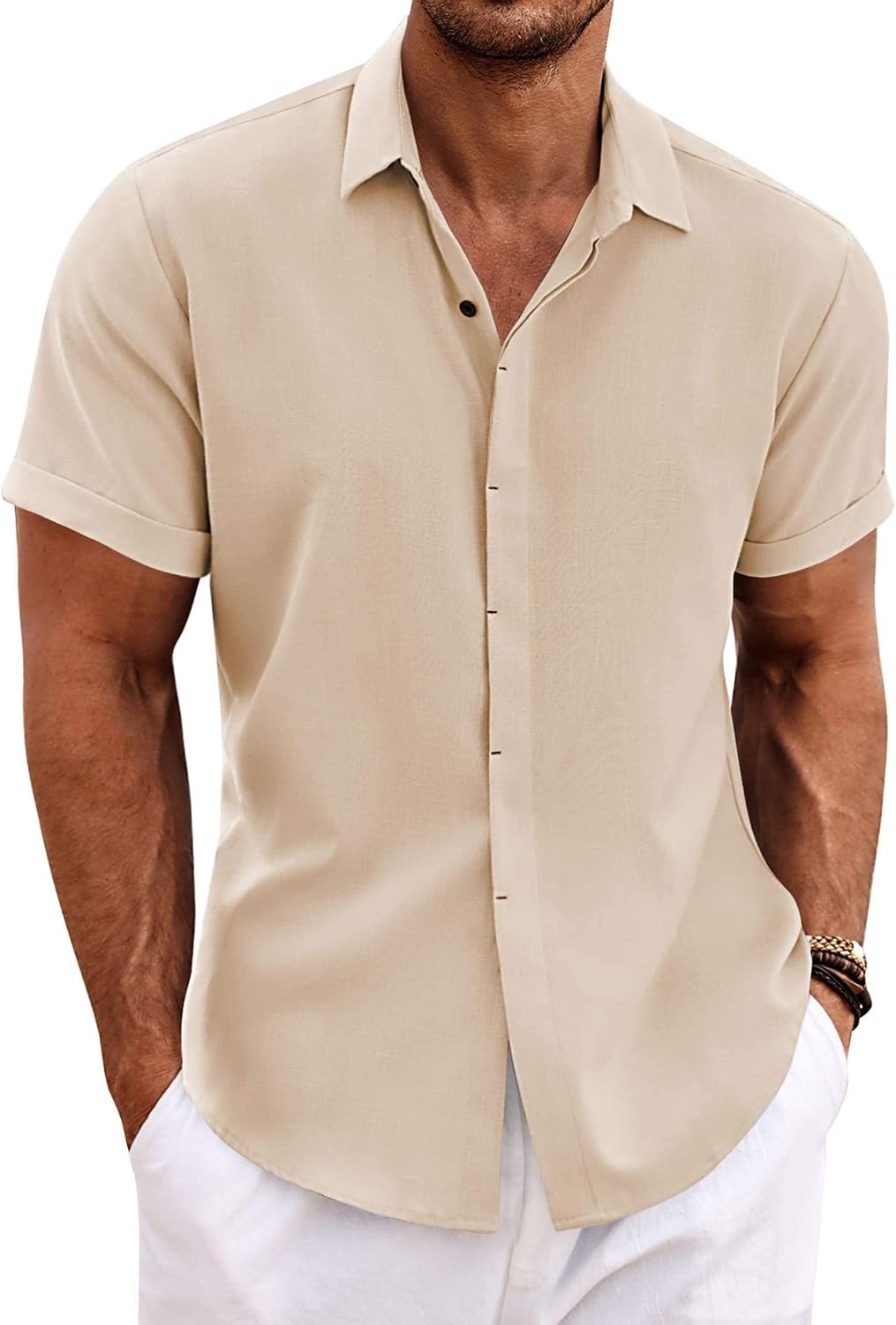 COOFANDY Men's Linen Shirts Short Sleeve Casual Shirts Button Down Shirt for Men Beach Summer Wedding Shirt